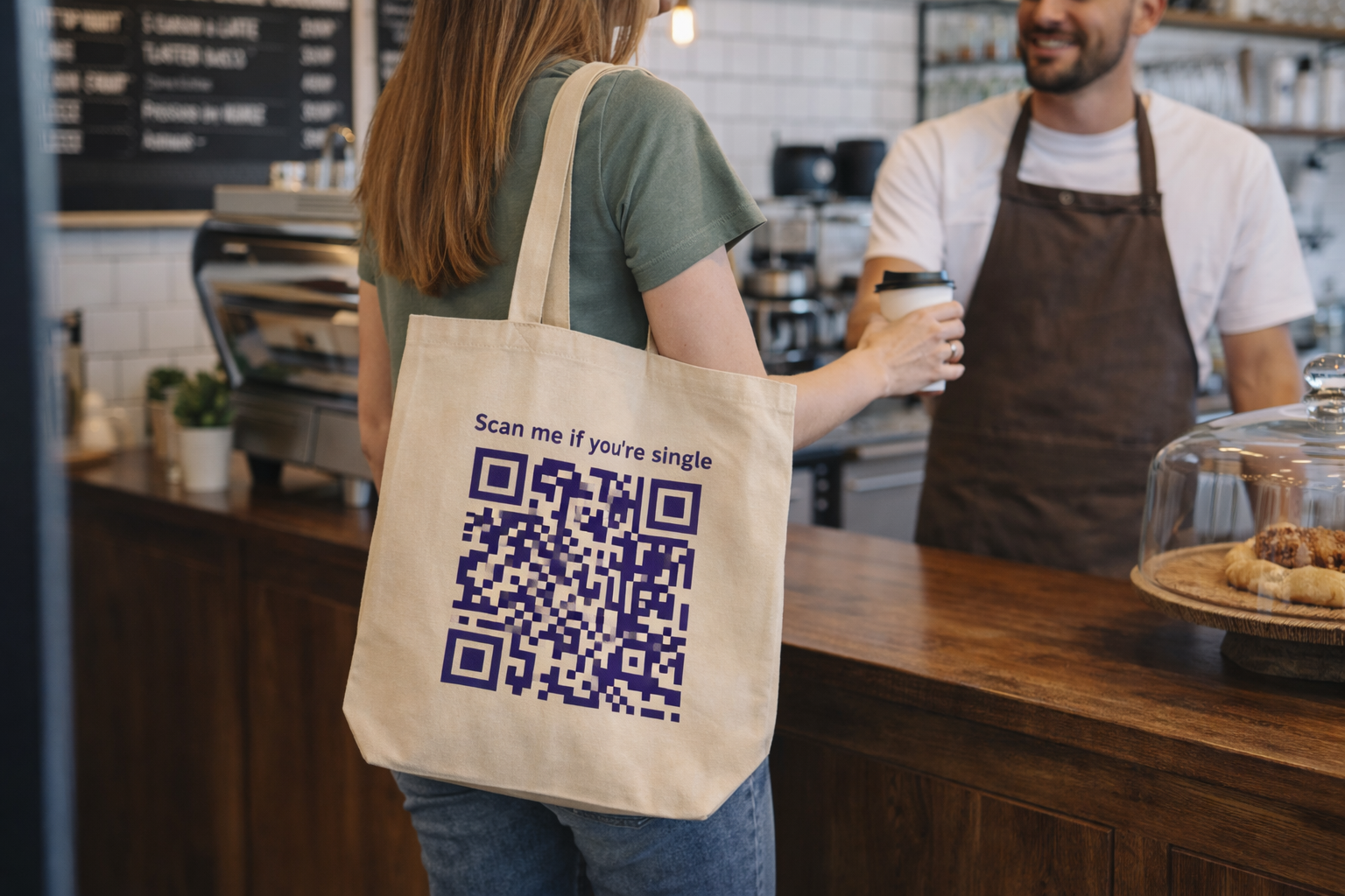 Woman carrying WheresBae QR tote bag at a cafe
