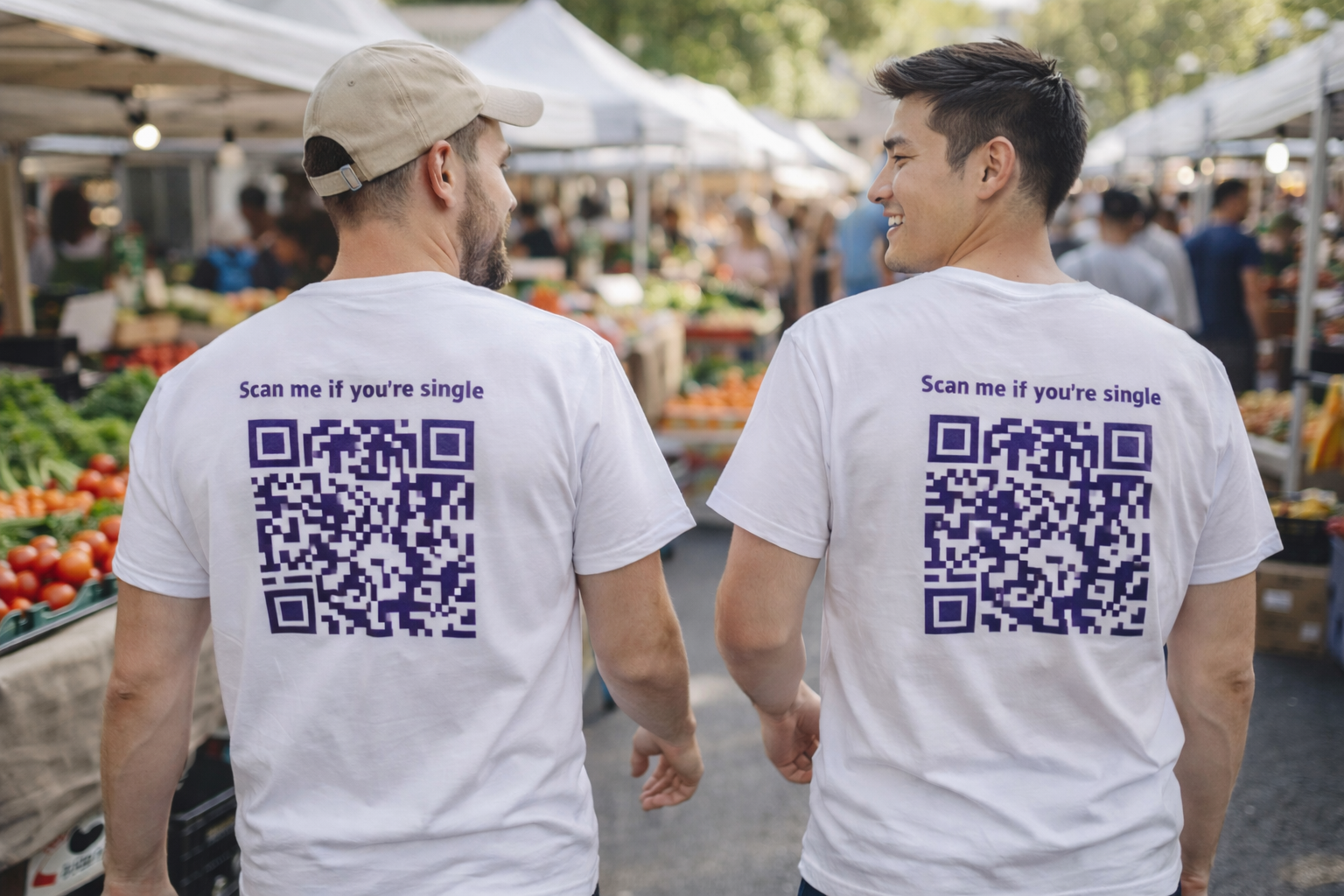 Two people wearing WheresBae QR t-shirts at a market